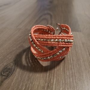 Coral & gold beaded cuff bracelet